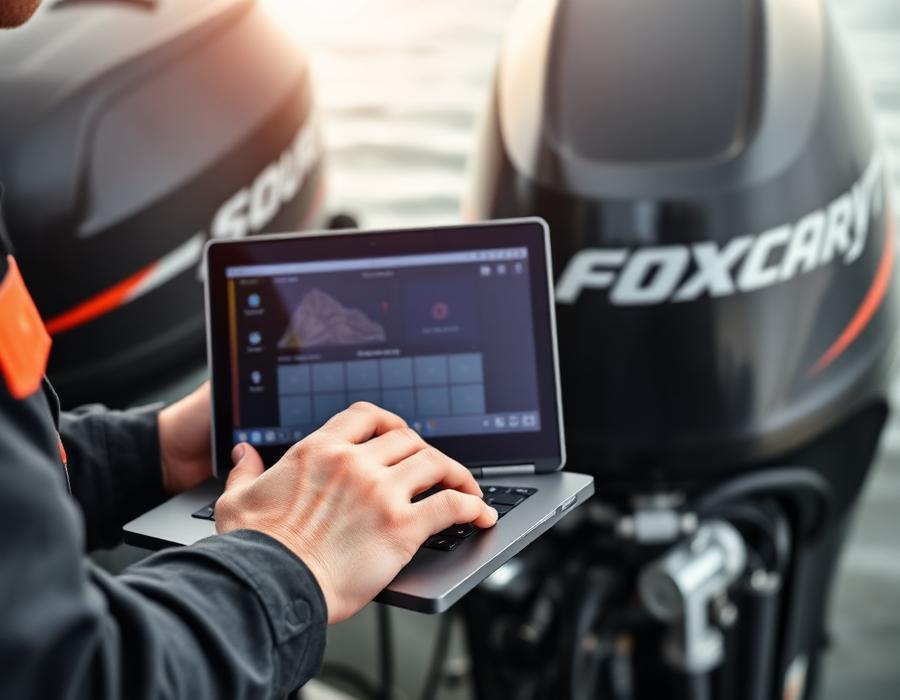 Technician running engine diagnostics on an outboard with a laptop