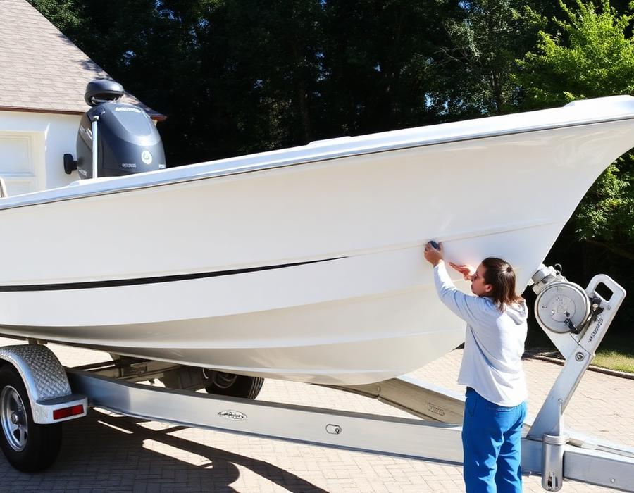 Boat hull being polished on a trailer during a mobile service call