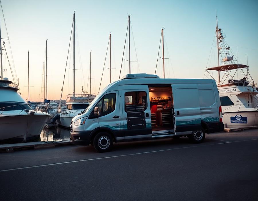 Boat-Tech mobile service van parked beside boats at a marina